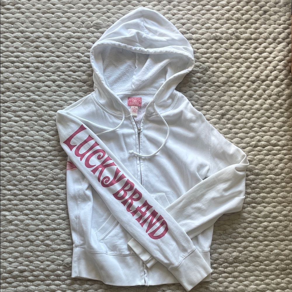Lucky Brand Y2K White Zip Up Hoodie Pink Floral Graphic Sleeve Logo Size M